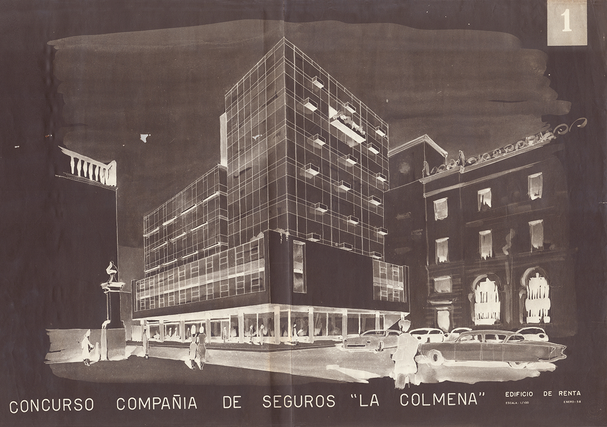 Propuesta presentada por Santiago Agurto Calvo, Javier Cayo y Eduardo Neyra en el Concurso para el Edificio de Seguros La Colmena, Lima, 1958. Fuente: Archivo Histórico de Arquitectura de la Universidad de Piura (AHA).