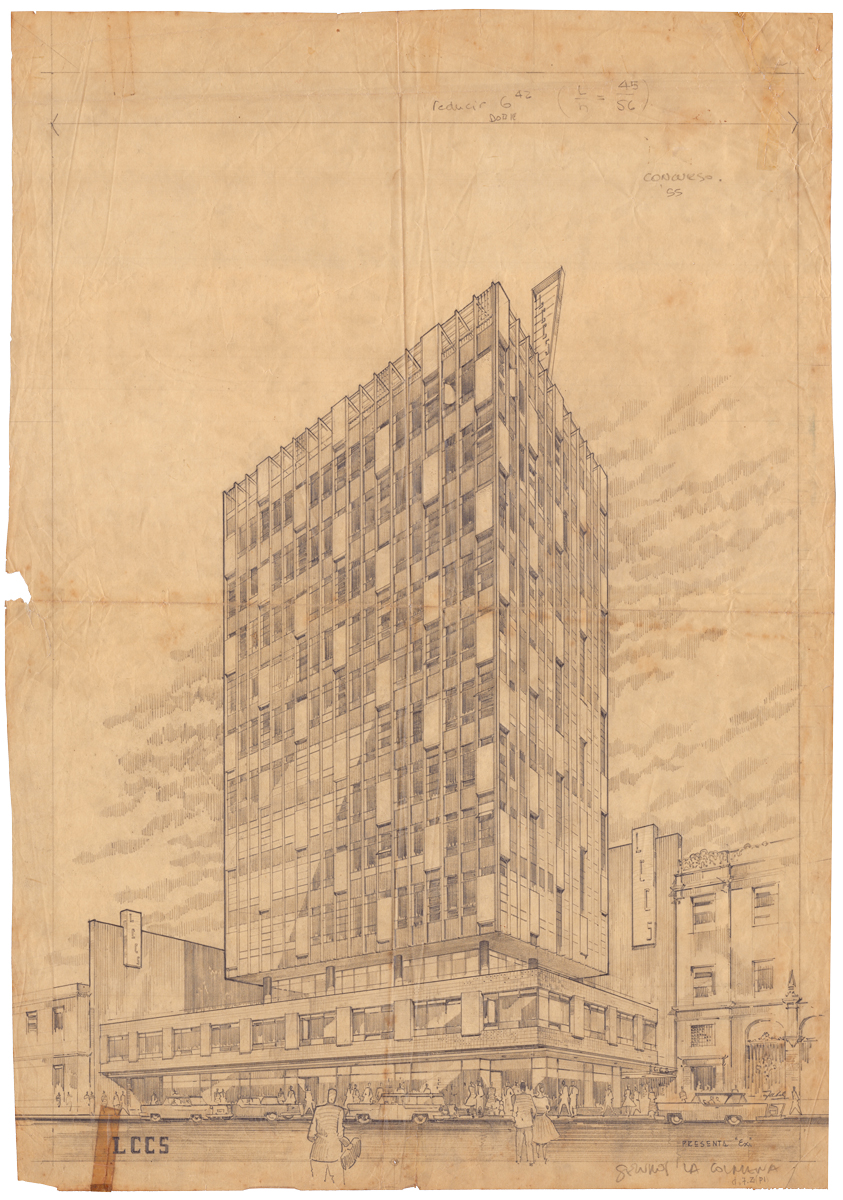 Propuesta presentada por Enrique Seoane Ros en el concurso para el Edificio de Seguros La Colmena, Lima, 1958. Fuente: Archivo Histórico de Arquitectura de la Universidad de Piura (AHA).