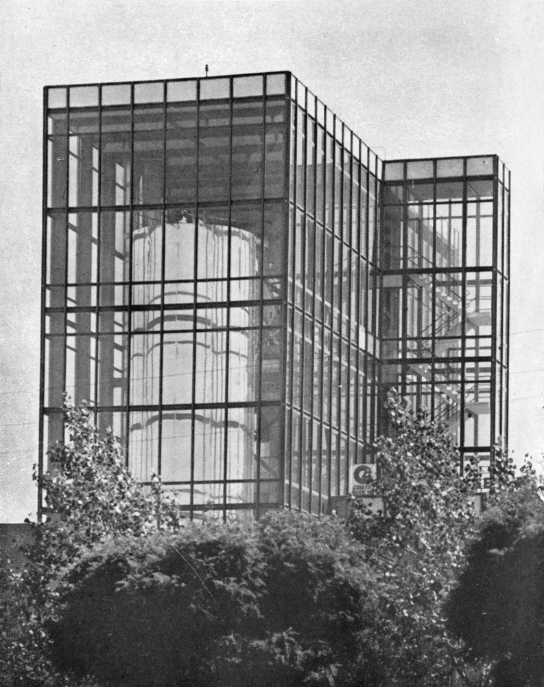 Perspectiva de la torre con el atomizador cilíndrico. Fuente: revista Arquitectura COAM n. 55, 1963.